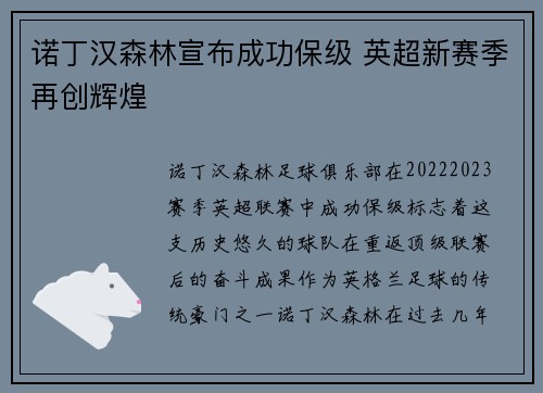诺丁汉森林宣布成功保级 英超新赛季再创辉煌